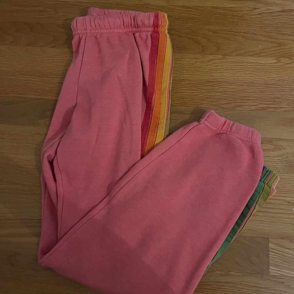 Aviator Nation Pink Joggers with Rainbow Stripes